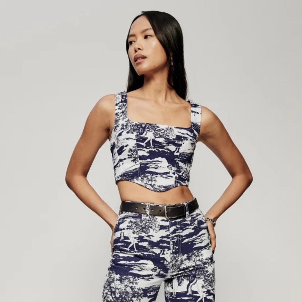 Reformation Navy and White Bustier Top